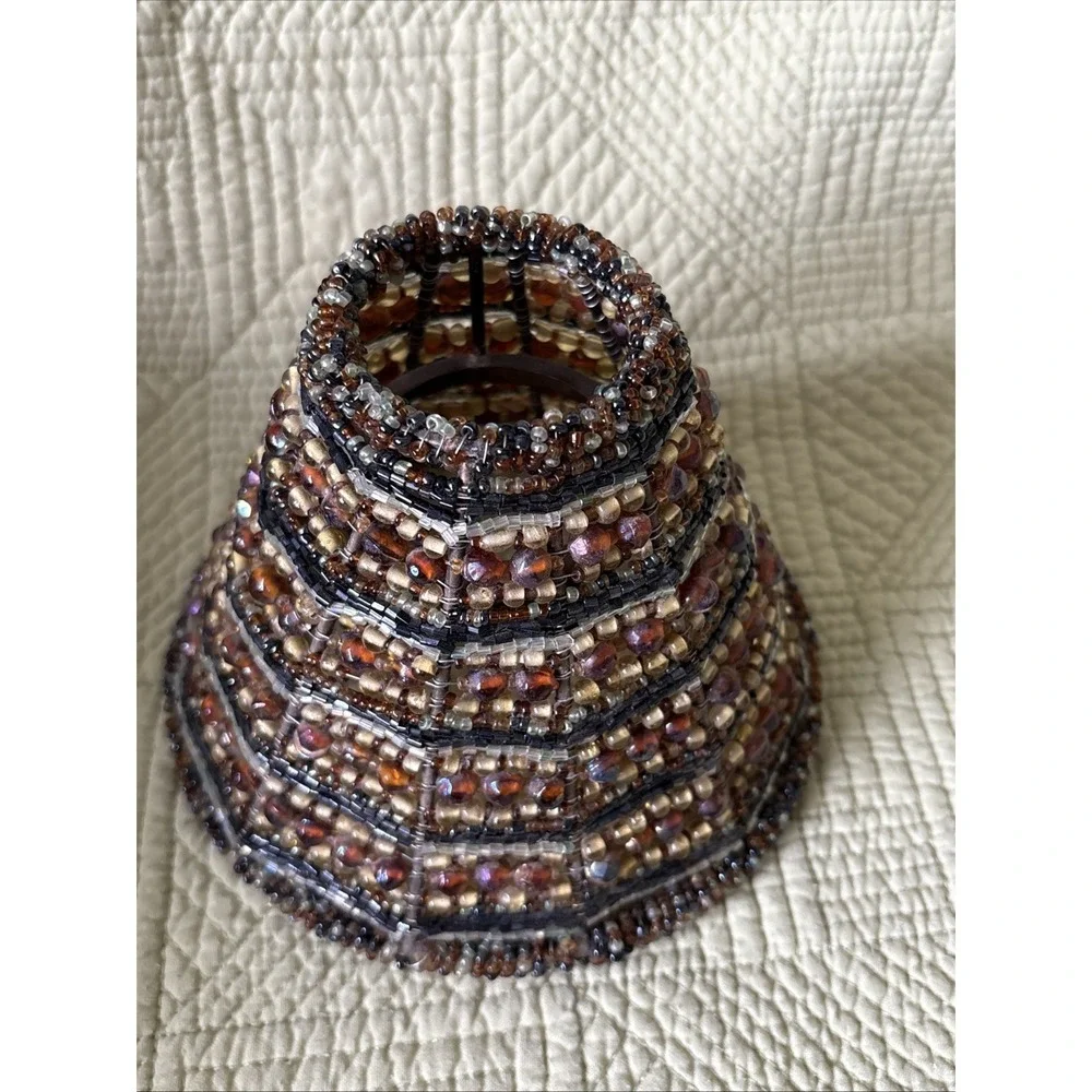 Vintage Beaded Lamp Shade Amber Brown Seed Bead Wire Frame Replacement Shade 4
